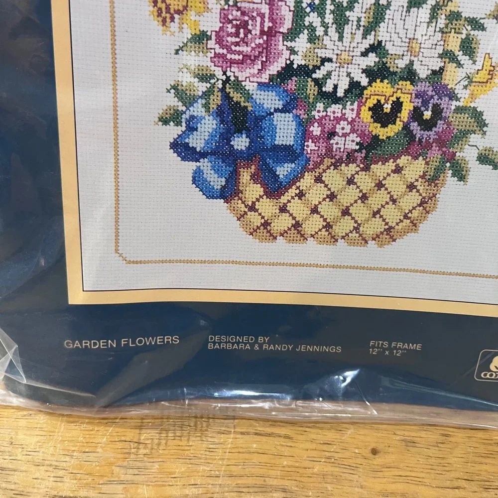 Vtg 1985 Sunset Garden Flowers Counted Cross Stitch Kit 2934 Floral Basket 12x12